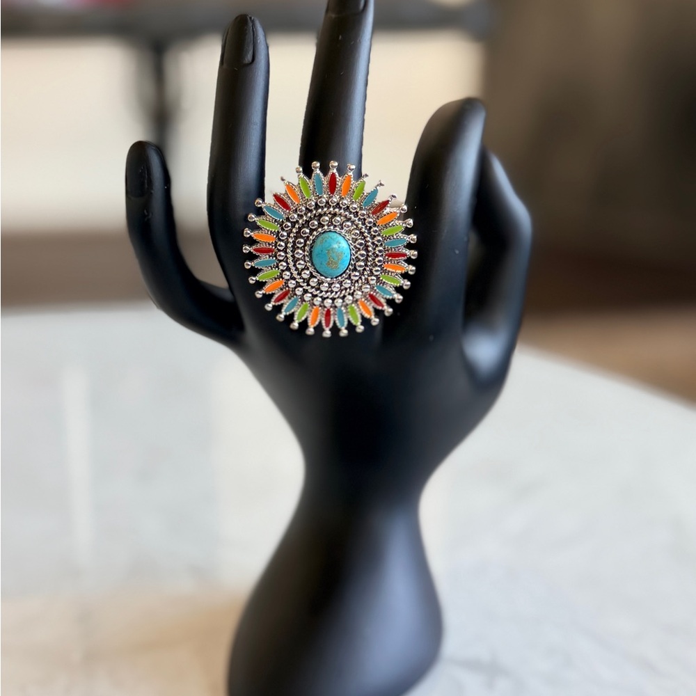 Turquoise Center Multicolor Sunburst Statement Ring - Women Jewelry Uses